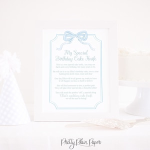 Watercolor Birthday Cake Knife Sign for a First Birthday Party with Blue Bow | 8&#39;&#39;x10&#39;&#39; Printable | 1st Birthday Cake Knife Poem & Blue Bow