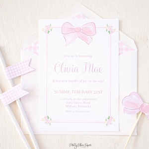 Pink Bow & Floral Baby Shower Invitation  -  Watercolor Printable Invitation Instant Download 1012 for Pink Bow Baby Shower