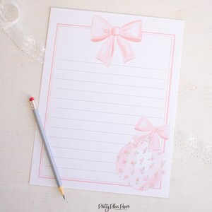 Adorno de rosas rosadas con lazo, papelería imprimible con acuarela forrada para niños, carta a Papá Noel o lista de deseos navideños, descargar 2001