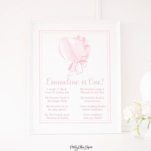 Watercolor Pink Bonnet 1st Birthday Sign 16x20 | Printable | First Birthday Milestone Poster | First 1st Birthday Favorite Things | 5007