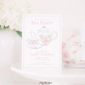 Watercolor Tea Party Invitation | Tea Party Crest | Chinoiserie Pattern | Pink & White Floral Tea Pot and Tea Cup Invitation with Bow | 1068