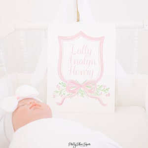 Hospital Baby Sign Printable | 8x10 | Watercolor Pink Crest | Baby Announcement | Baby Name Crest | Welcome Newborn Stats | Monogram | 10001