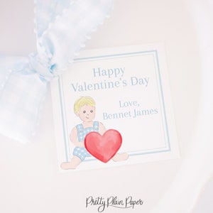 Watercolor Little Boy with Blonde Hair Valentine Tag | 3.5 x 3.5 Printable | Daycare Valentine Tag School | Toddler | Daycare | Blue  1021