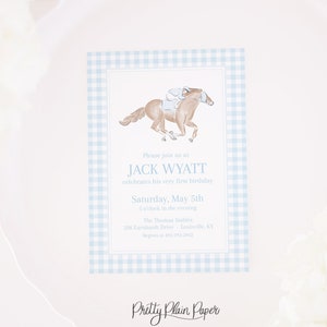 Light Blue Gingham Watercolor Race Horse and Jockey Invitation | 5x7 Printable | Derby 1st Birthday Party | | Kentucky Derby Party 0106