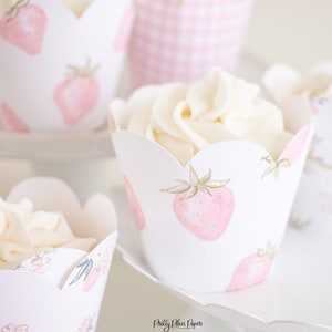 Pink Strawberry, Floral, and Pink Gingham Cupcake Wrappers - Watercolor Printable Cupcake Wrapper Download 1015 for a Pink Strawberry Party