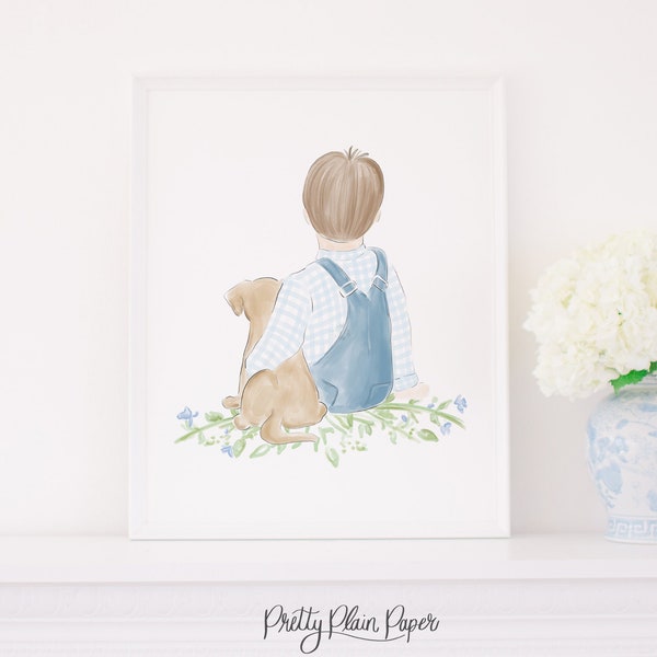 Little Boy & Puppy Print | Brunette | 8x10 or 16x20 | Printable | Watercolor Grandmillennial Nursery Artwork | Little Boy Room | 1027 1076