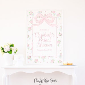 Letrero de bienvenida con ramo de flores y lazos de acuarela / 24 x 36 para imprimir / Ramo de flores y lazos de color rosa y azul / Cumpleaños o despedida de soltera 5012