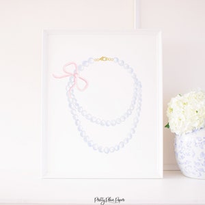 Watercolor Pearl Necklace Print with Pink Bow | 8x10 or 16x20 | Printable Download | Grandmillennial Artwork | Print for Girls Room | 1068