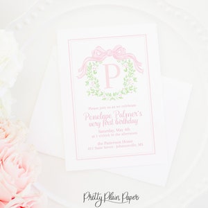 Invitación de arco rosa y monograma de acuarela / imprimible 5x7 / invitación de primer cumpleaños o invitación de baby shower / corona de monograma / 10002