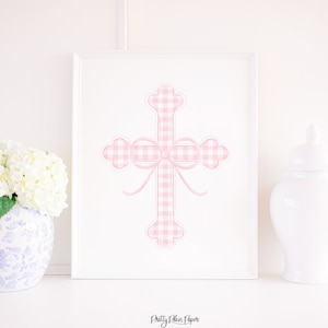 Watercolor Pink Gingham Cross with Pink Bow | 8x10 or 16x20 | Traditional Pink & White Baptism Decoration | Print Art | Baby Dedication 5005