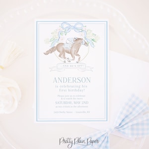 Watercolor Horse Racing Crest Birthday Invitation | Horse Racing Invitation | Blue Derby Theme Birthday for Boy | Blue Gingham | 1052 0106