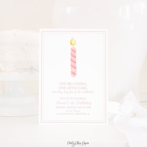 Watercolor One Little Candle Birthday Invitation for 1st Birthday | Pink & White First Birthday Invitation | Pink White 1st Birthday | 0101