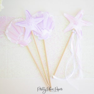 Acquerello rosa e viola conchiglia sirena bacchetta toppers fai da te / download stampabile / stelle marine / festa di compleanno sirena viola / 8001