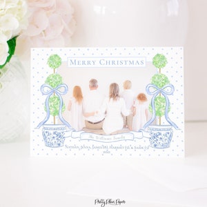 Aquarell Blau & Weiß Chinoiserie Weihnachtskarte mit Foto, digitaler Download | Druckbare Weihnachtskarte | Chinoiserie Übertopf Formschnitt 2001