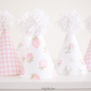 Pink Strawberry Party Hats, Pink Floral Party Hats & Pink Gingham Party Hats - Watercolor Printable Party Hats Download Template 1015