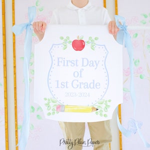 Watercolor Crest Back to School Banner | 24''x24'' Printable | First Day of School Sign | Blue Apple Pencil Crest for Boy | 1055 10552