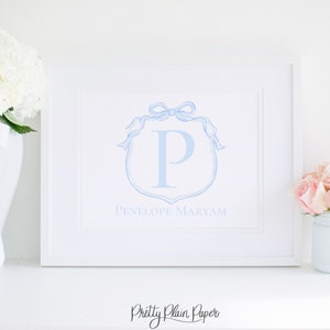 Watercolor Blue Bow Crest Print | 11x14 Printable Download | Grandmillennial Artwork | Blue Bow Crest | Monogram Initial | Preppy  5017 5031