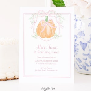 Watercolor Pink Pumpkin Crest & Bow Invitation | Our Little Pumpkin Invitation | Watercolor Pumpkin Invitation | Little Pumpkin Party | 1056