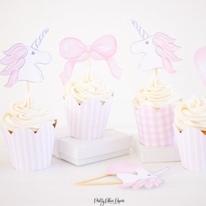 Watercolor Unicorns & Bows Cupcake Toppers | Pretty Pink Bow and Unicorn Birthday Party | Cupcake Toppers Printable Download 1042