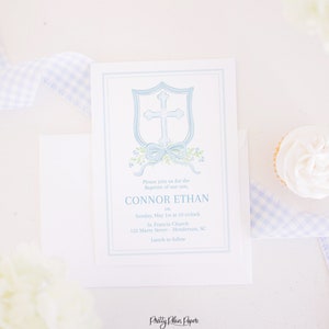 Watercolor Baptism Crest Invitation | Watercolor Blue Baptism Invitation with Cross & Bow | Traditional Baby Dedication | for Boy 3001