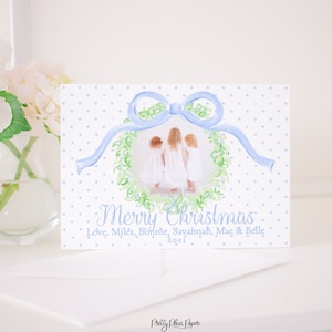 Aquarel blauwe strik en krans kerstkaart met foto, digitale download | Afdrukbare kerstkaart | Garland groen kerstkaart | 2001