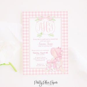 Watercolor Every Day is a Gift Invitation with Monogram Crest and Pink Gingham | 5x7 Printable | Pink and White Bonnet and Bows Invite 0102