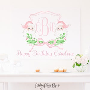 Watercolor Christmas Birthday Backdrop with Pink Santa Crest | 36x48 Download | Pink Santa Crest & Bow | Classic Traditional | Cookies 1067