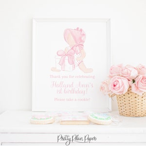 Watercolor Little Girl in Pink Bonnet Party Sign | 8x10 or 16x20 | Pink Bonnet First Birthday | Bonnets & Bows | 1st Birthday Girl | 5016