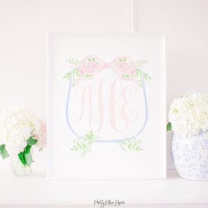 Watercolor Blue and Pink Floral Monogram Crest Artwork Printable | Editable Text | 8x10 or 16x20 | Watercolor Crest Print | Girl Nursery Art