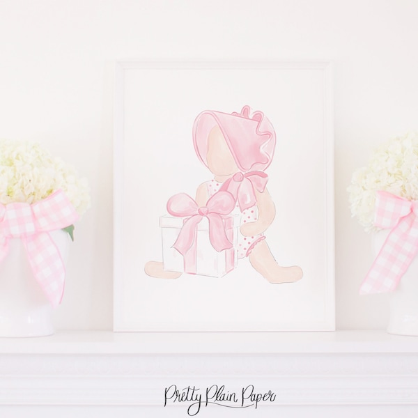 Watercolor Pink Bonnet Artwork Print | 8x10 or 16x20 | Printable Download | Grandmillennial Nursery Artwork | Bonnet Bow Baby Girl | 5016