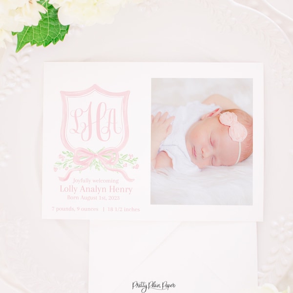 Birth Announcement Printable Card for Girl | 5x7 | Watercolor Pink Crest & Bow | Newborn Baby Announcement with Photo | Monogram Crest 10001