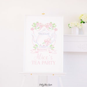 Watercolor Tea Party Crest Sign | 24x36 | Watercolor Tea Party Poster | Pretty Pink Floral Tea Party | Welcome Sign | Flower Tea Pot | 1068
