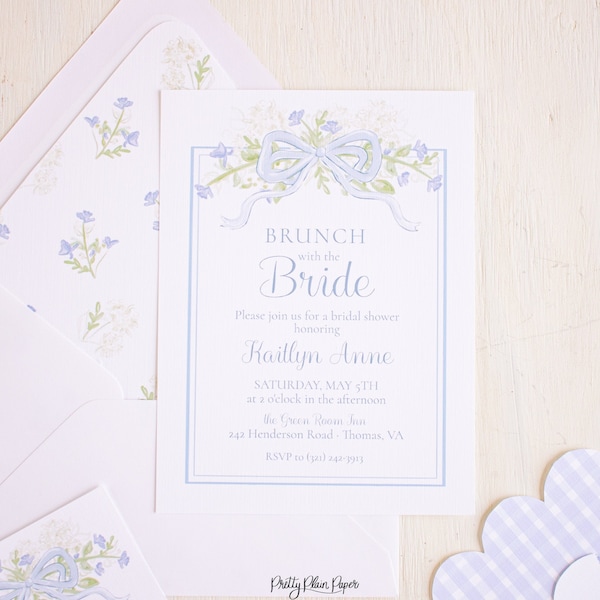Watercolor Blue Floral & Bow Bridal Shower Invitation | Blue Floral and Hydrangea Bridal Shower Invitation | Blue Floral Bridal Shower, 1052