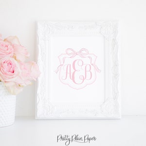 Simple Watercolor Monogram Crest Artwork | 8x10 | Pink Floral & Bow | Editable Printable | Watercolor Pink Crest Print | Girl Nursery Art