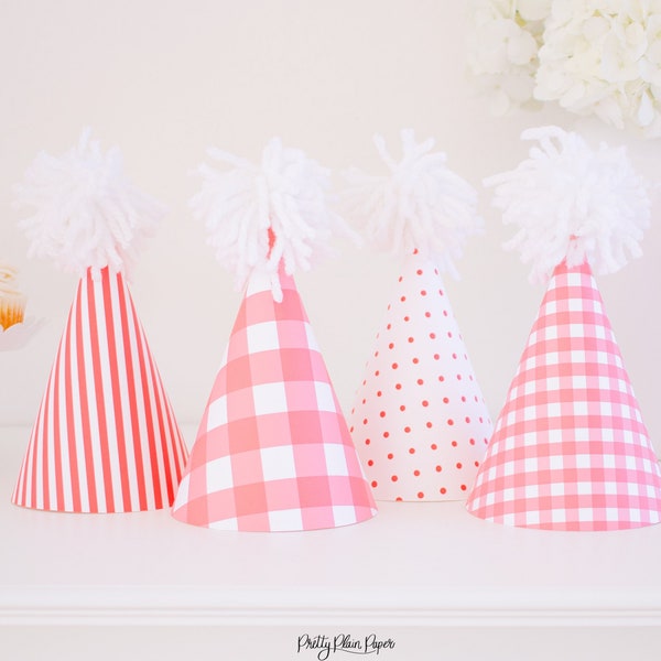 Red Pattern Party Hats | Red Gingham Party Hats | Printable Download | Red Gingham Birthday Party Hat Printable | Red Stripe  | 9000