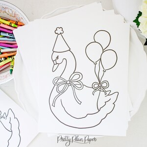 Watercolor Swan Theme Birthday Coloring Page | 8.5x11 Printable | Pretty Pink and Blue Swan Birthday or Baby Shower | Blue Bow | 5019