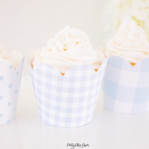 May include: Three white frosted cupcakes with blue and white checkered cupcake liners. The liners have a scalloped edge.