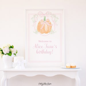 Watercolor Pink & Orange Pumpkin Crest Welcome Sign 24x36 | Pumpkin Birthday Sign with Bow | Our Little Pumpkin Birthday or Baby Shower 1056