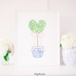 Watercolor Heart Topiary Print with Blue Chinoiserie Planter | 8x10 or 16x20 | Printable Download | Grandmillennial Valentine Artwork | 1021