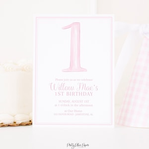 Watercolor One Birthday Invitation for 1st Birthday | Pink & White First Birthday Invitation | Traditional Pink White 1st Birthday | 1061