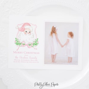 Pink Santa Crest / Acuarela Santa Crest con lazo / Tarjeta de Navidad con foto / Descarga digital / Tarjeta navideña imprimible / Vertical / 2001