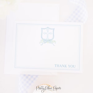 carte de remerciement plate | 5 x 7 côtés | Écusson de baptême aquarelle | Baptême bleu clair | Croix et noeud | Dédicace traditionnelle pour bébé garçon 3001