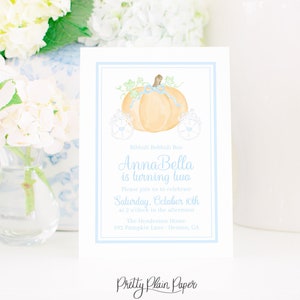 Watercolor Pumpkin Carriage Birthday Invitation | 5x7 Printable | Orange and Blue Princess Birthday Invite | Cinderella Blue Bow | 3010