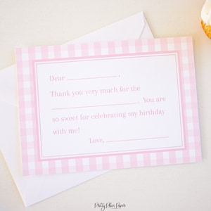 Pink Gingham Fill-In the Blank Thank You Card for Kids | Printable PDF | Fill-in Birthday Thank You Card 1049 1027 1023 0106 1016 1051