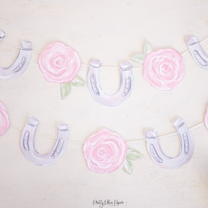 Watercolor Pink Roses & Horseshoe Party Banner Download 0106 for Pink Horse Birthday Party, Kentucky Derby Birthday, KY Derby Bridal Shower