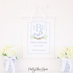 Watercolor Monogram Hospital Door Sign with Rocking Horse Crest | 8x10 or 16x20 | Blue Baby Boy Crest with Monogram | Newborn Baby | 20005