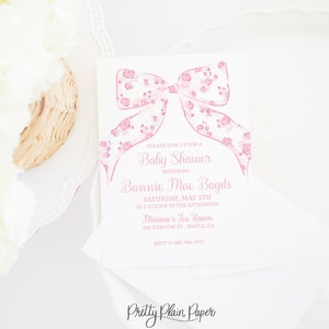 Watercolor Pink Bow Invitation with Pink Floral Print | 5x7 Printable | Baby Shower | Pink Rose Floral Pattern Bow | Baby Girl | 0160