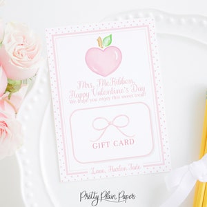 Teacher Gift Card Holder | Valentine | 5x7 Printable Download | Watercolor Pink Heart Apple | Teacher | Personalized | Coffee  Dinner | 1021
