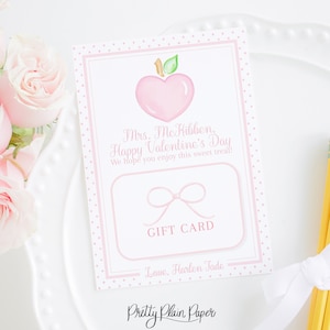 Teacher Gift Card Holder | Valentine | 5x7 Printable Download | Watercolor Pink Heart Apple | Teacher | Personalized | Coffee  Dinner | 1021