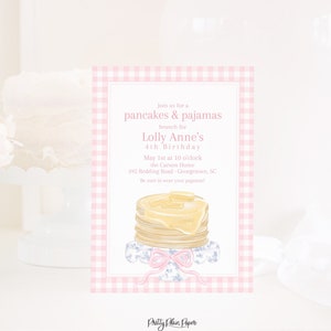 Watercolor Blue Chinoiserie and Pink Gingham Pancakes and Pajamas Invitation | Printable | Brunch Invite | Bridal Shower | Baby Shower 5004
